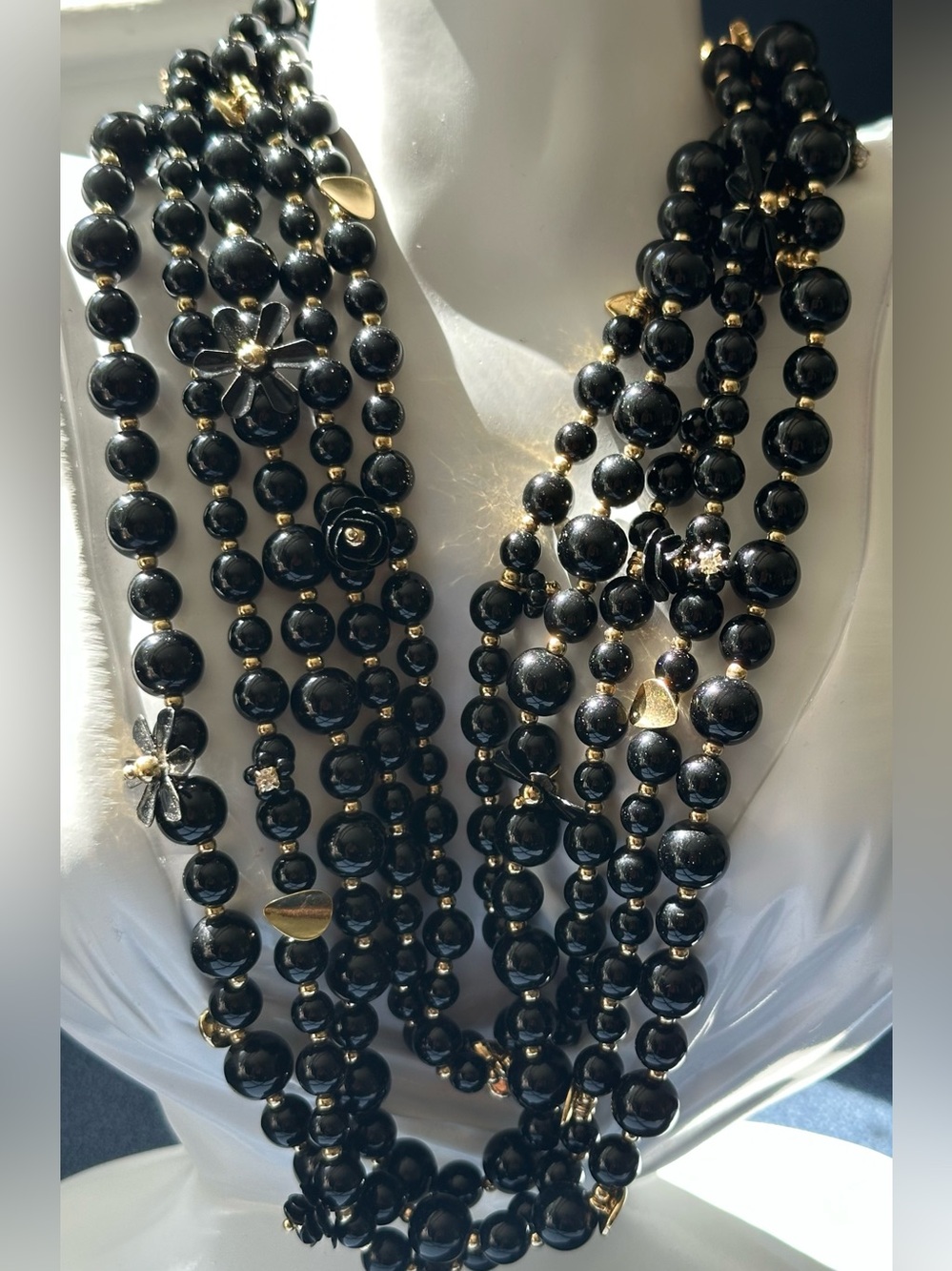 Talbots Signed Black & Gold Accents & Flower Pendant 5 Strand Beaded Necklace.